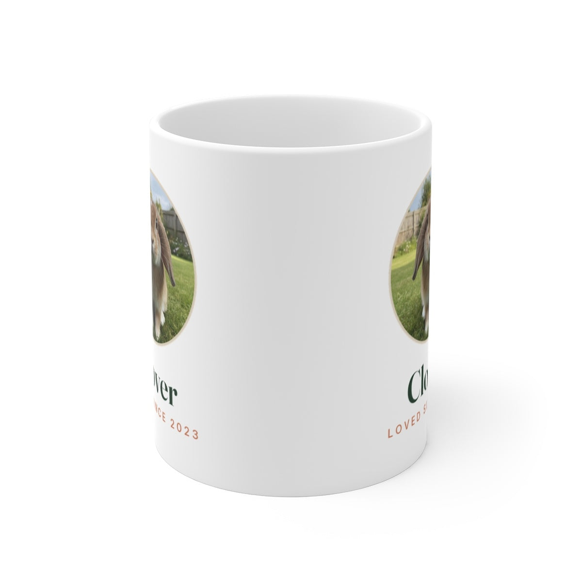 Rabbit photo mug mock-up with the handle hidden behind, the round rabbit photo and 'Clover' print partly showing at each edge