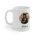 Personalised graduation photo mug mock-up, handle on the left, with a round sample graduate portrait, 'Priya' and 'July 2026'