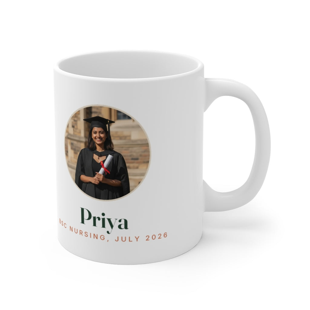 Personalised graduation photo mug mock-up, handle on the right, showing the round photo frame above the sample name 'Priya'