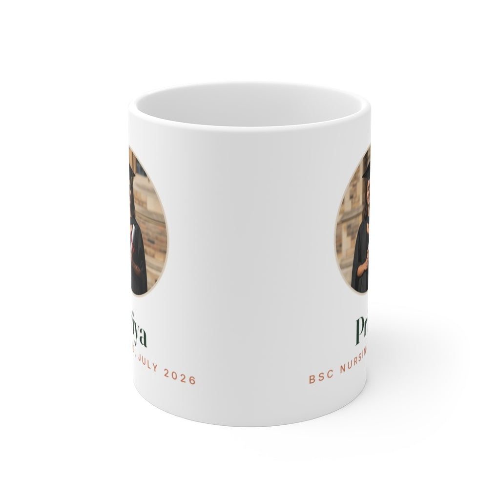 Personalised graduation photo mug mock-up from the front, handle hidden, showing the photo design printed on both sides