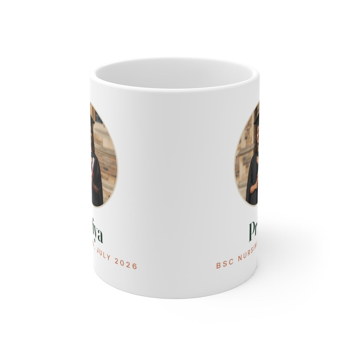Personalised graduation photo mug mock-up from the front, handle hidden, showing the photo design printed on both sides