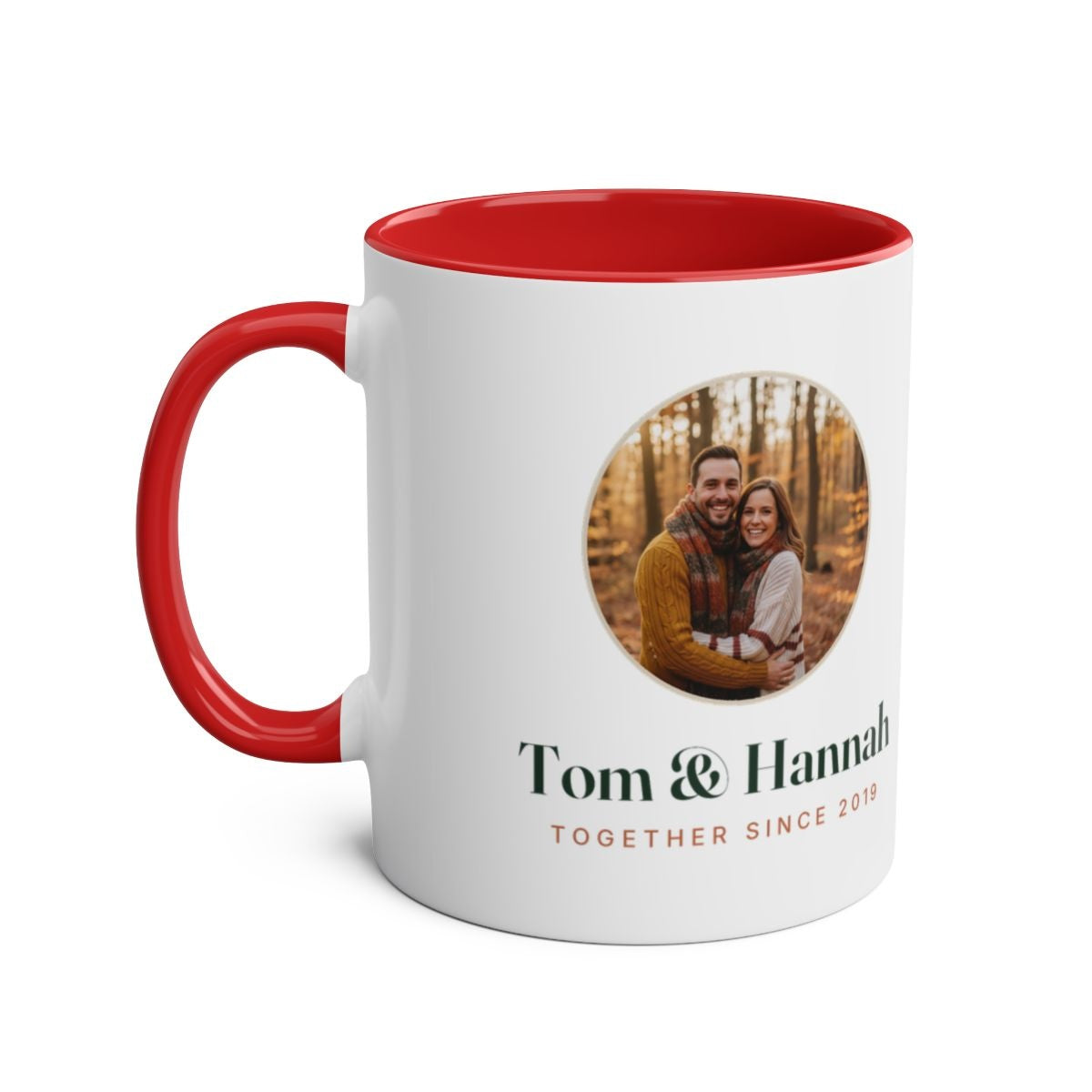 Personalised two-tone photo mug mock-up, red handle and inside, round autumn photo, 'Tom & Hannah', 'Together since 2019'