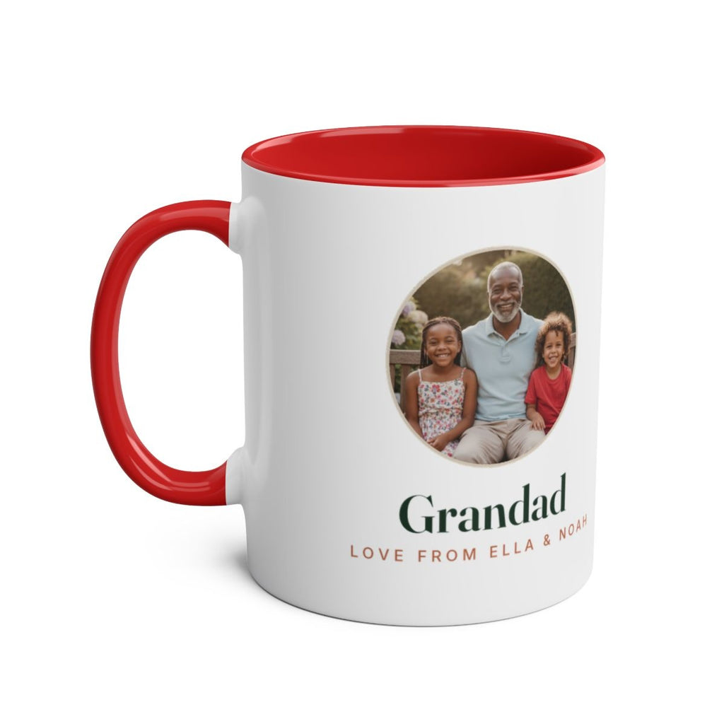 Personalised grandparent photo mug mock-up, two-tone, red handle and inside, sample photo showing a grandad and two children