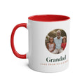 Personalised grandparent photo mug mock-up, two-tone, red handle and inside, sample photo showing a grandad and two children