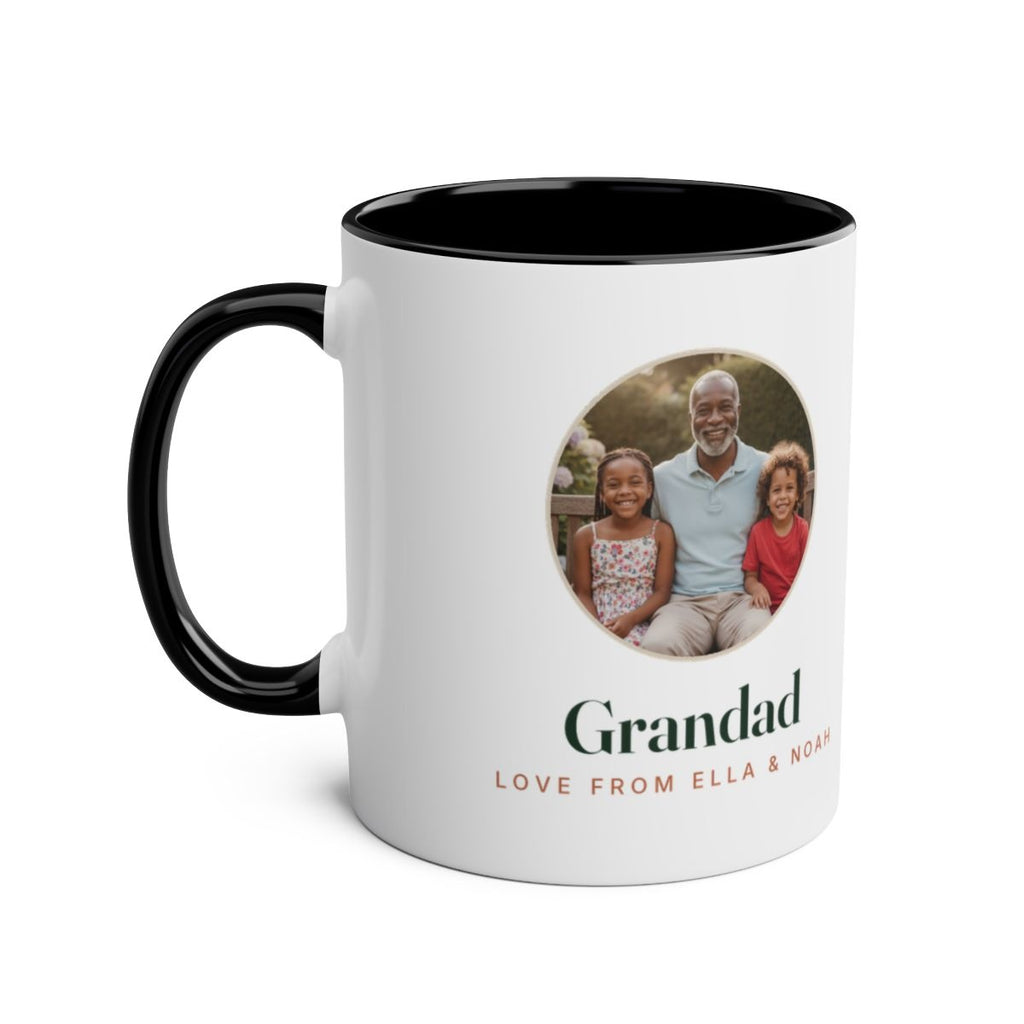 Two-tone grandparent photo mug mock-up in the black option, black handle and inside, 'Grandad' and 'Love from Ella & Noah'