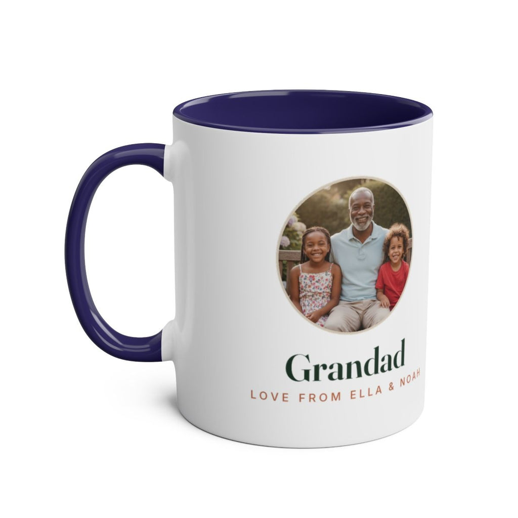 Two-tone grandparent photo mug mock-up in the dark blue option, navy handle and inside with the round sample photo