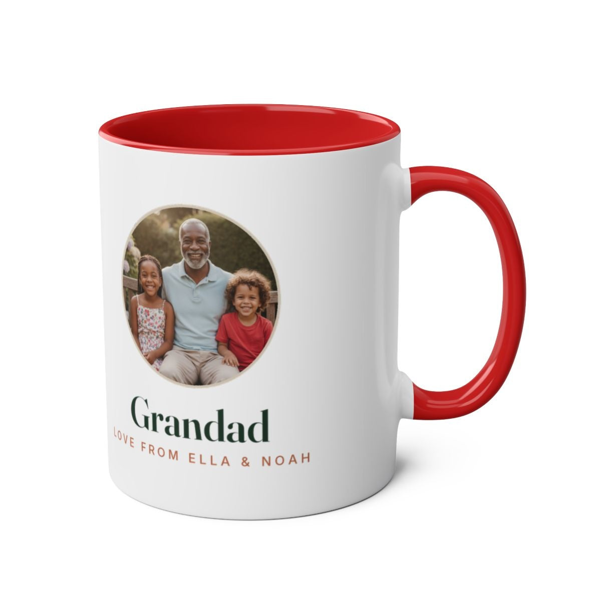 Red two-tone grandparent photo mug mock-up from the other side, handle on the right, sample photo and 'Grandad' on the left