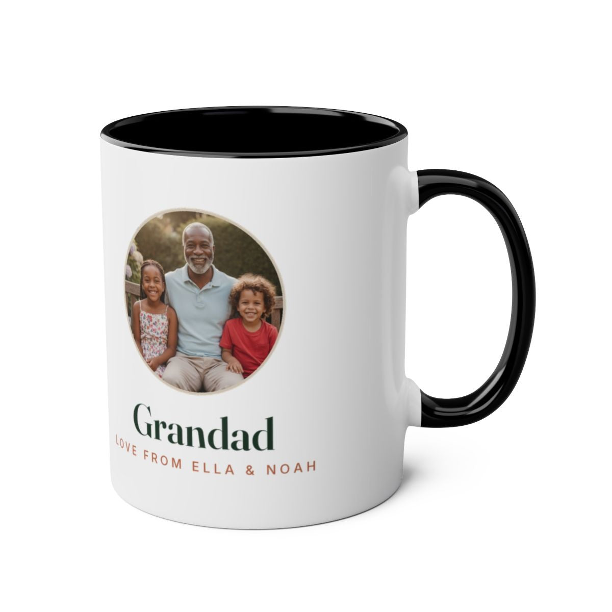 Black two-tone grandparent photo mug mock-up seen from the other side, handle on the right, round sample photo on the left