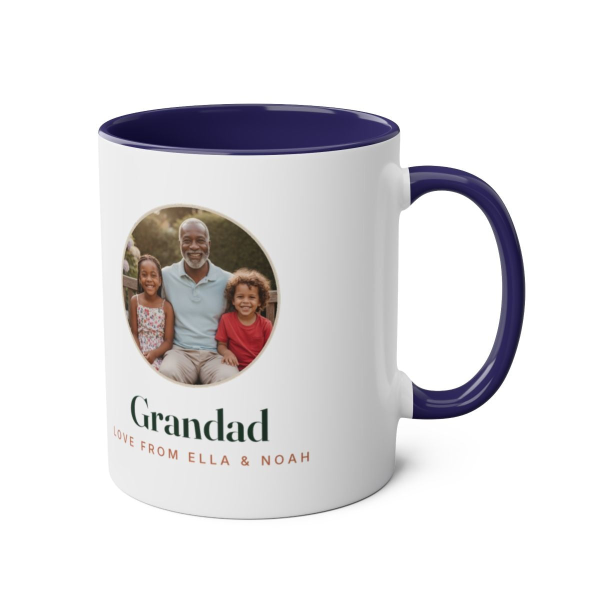Dark blue two-tone grandparent photo mug mock-up seen from the other side, navy handle on the right, sample photo on the left