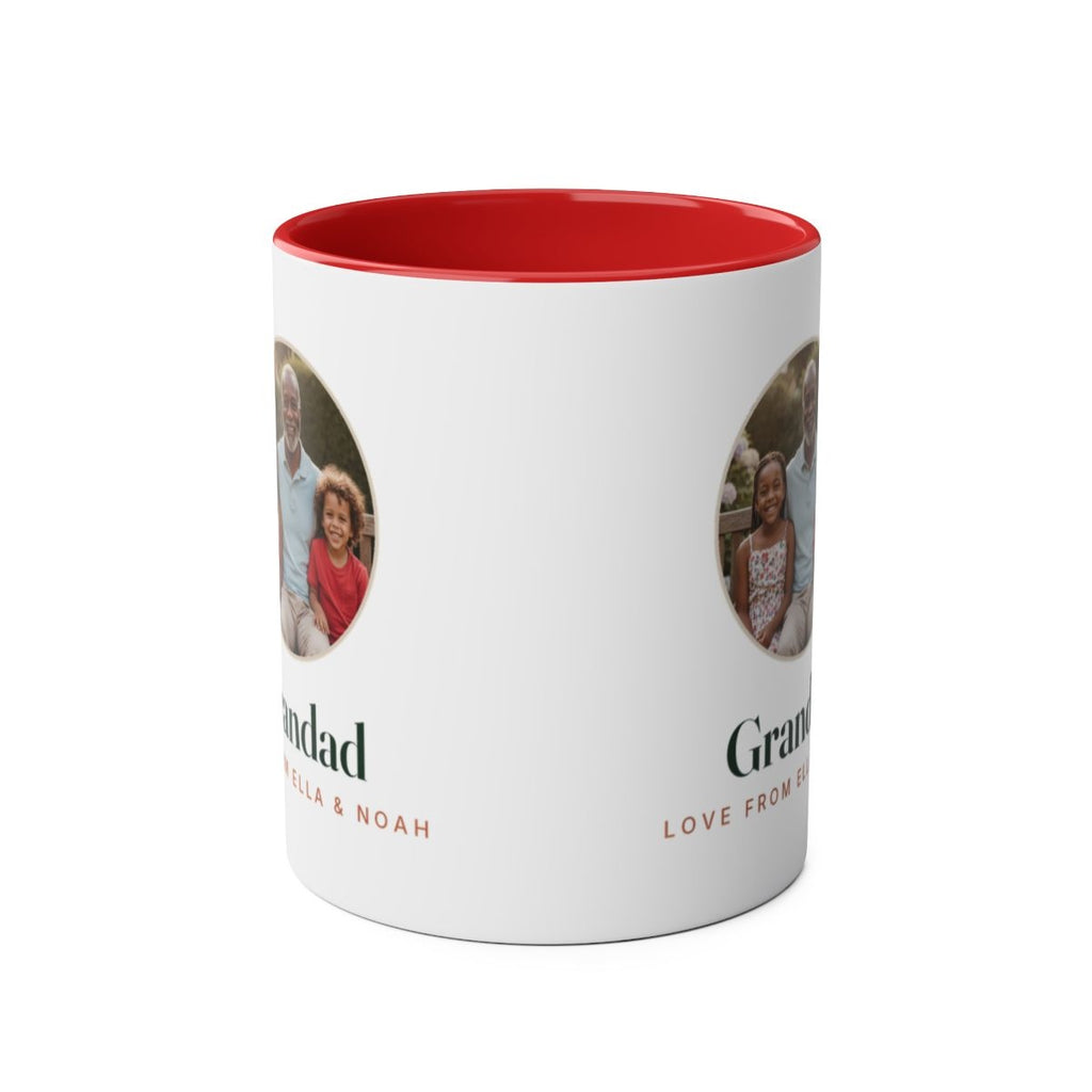 Red two-tone grandparent photo mug mock-up seen front-on with the handle hidden, the photo and 'Grandad' on both sides