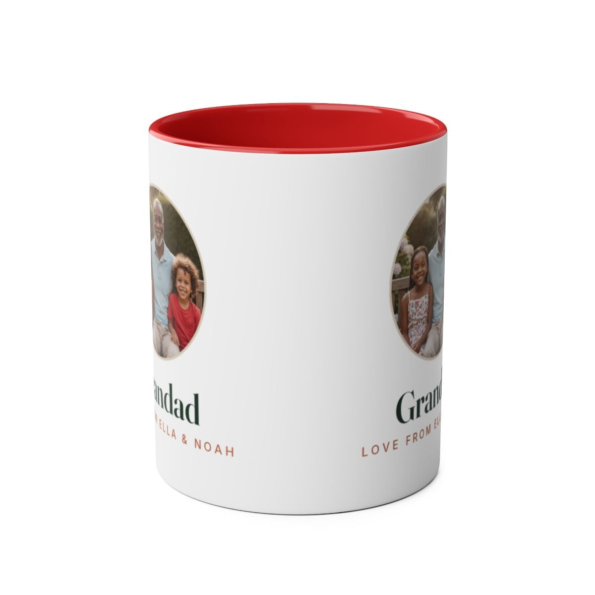 Red two-tone grandparent photo mug mock-up seen front-on with the handle hidden, the photo and 'Grandad' on both sides