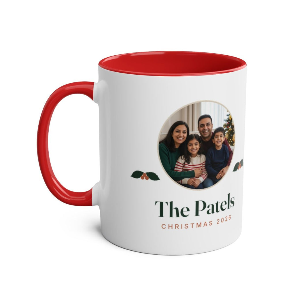 Personalised Christmas photo two-tone mug mock-up, red inside and handle, with a round family photo, holly and 'The Patels'
