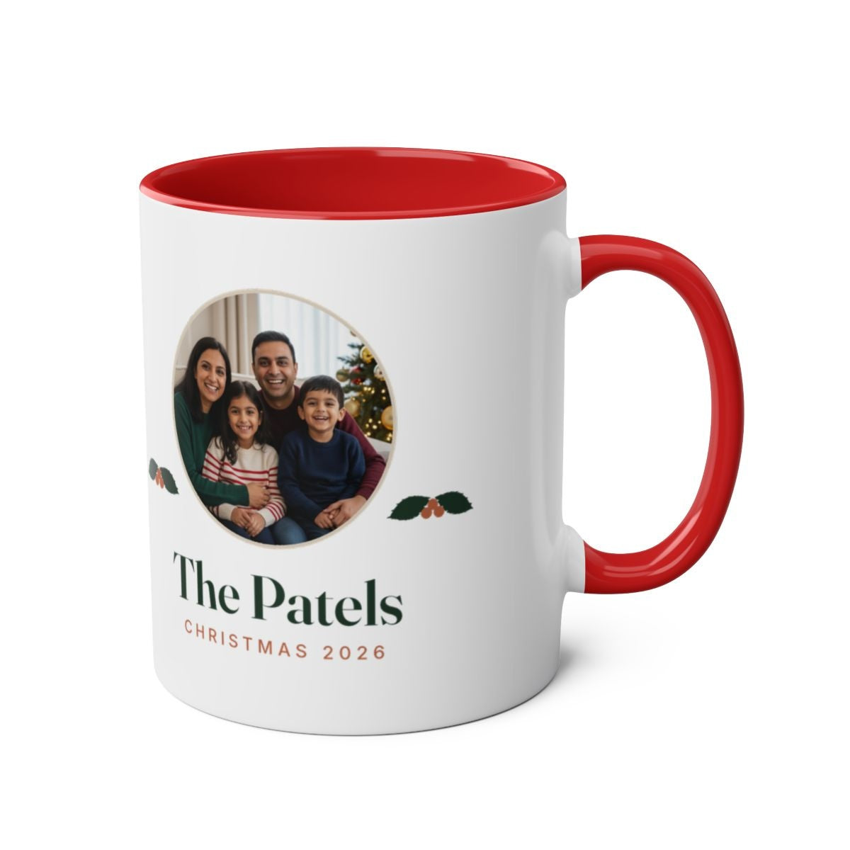 Christmas photo two-tone mug in red with the handle on the right, the family photo and holly printed on the other side