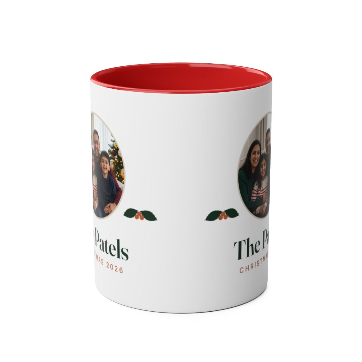 Christmas photo two-tone mug in red seen straight on with the handle behind, the family photo and holly visible at both edges