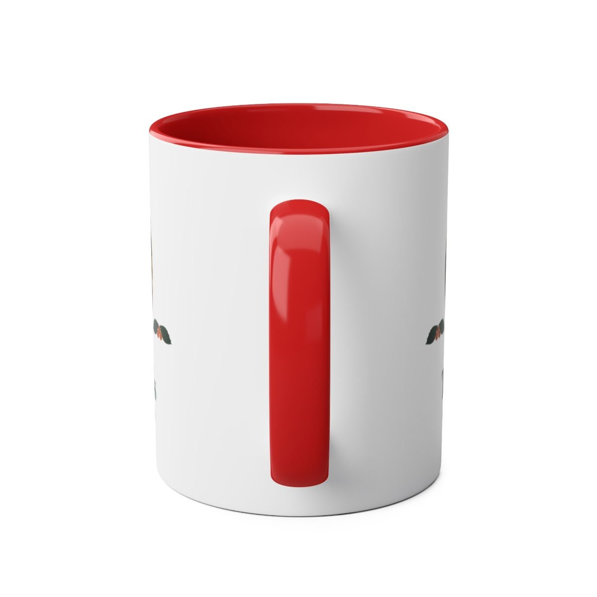 Christmas photo two-tone mug in red seen from the handle side, the holly sprigs just visible at both edges