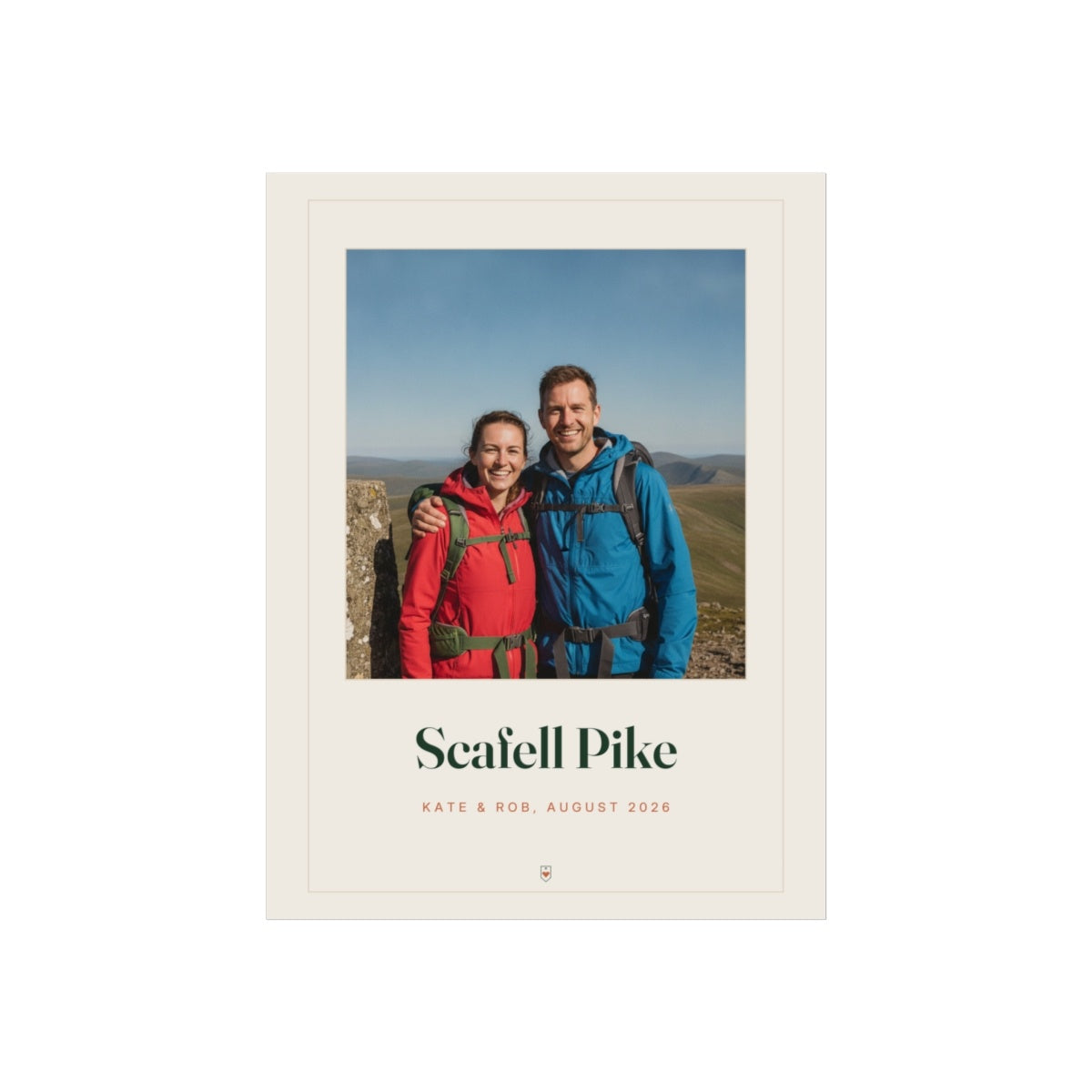Personalised walking photo print mock-up with a sample summit photo, 'Scafell Pike' and 'Kate & Rob, August 2026'