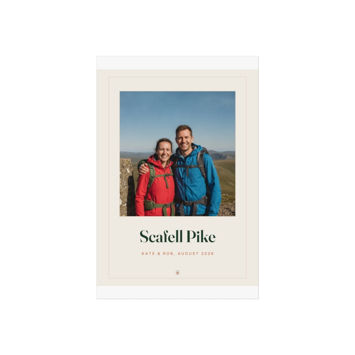 Personalised walking photo print mock-up flat on a grey background, sample summit photo with 'Scafell Pike' and 'Kate & Rob'