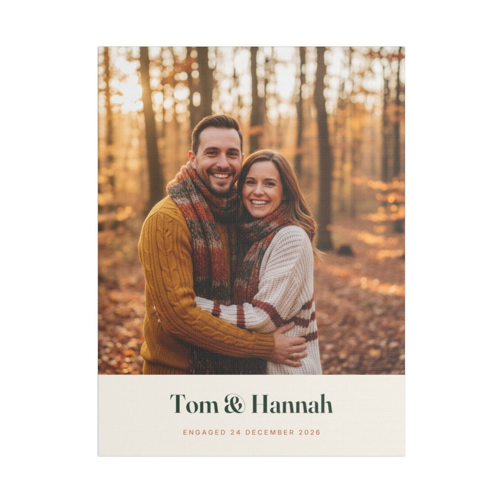 Engagement photo canvas mock-up with a couple hugging in autumn woods, 'Tom & Hannah' and an 'Engaged' line with a sample date