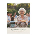 Personalised birthday photo canvas mock-up, sample photo showing a woman with a cake, 'Happy 80th Birthday, Margaret'