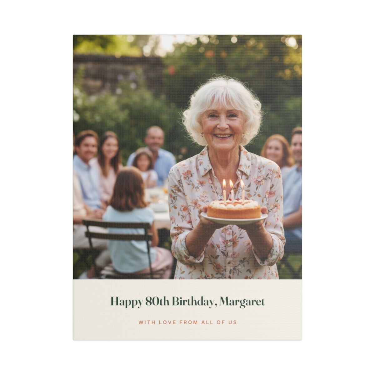 Personalised birthday photo canvas mock-up, sample photo showing a woman with a cake, 'Happy 80th Birthday, Margaret'