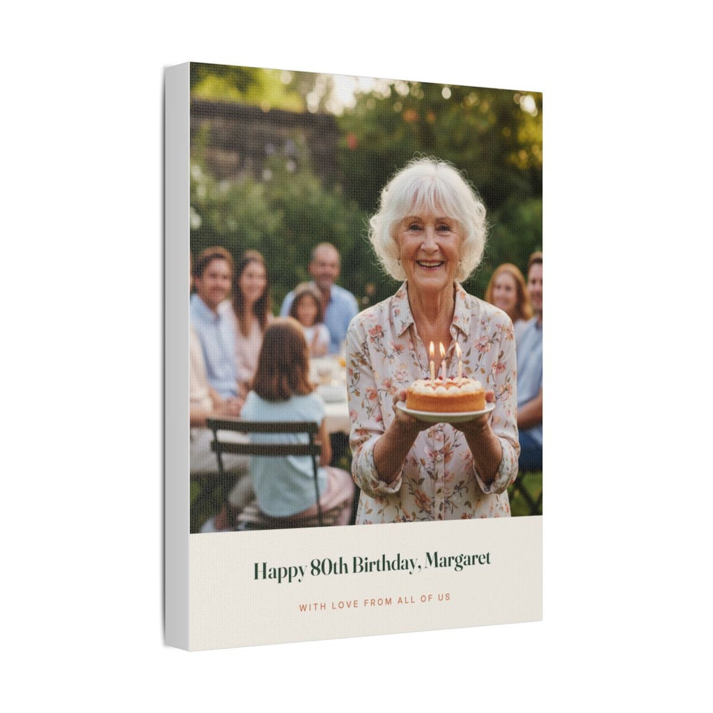 Birthday photo canvas mock-up angled to show the wrapped edge and depth of the canvas, 'Happy 80th Birthday, Margaret'