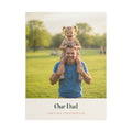 Personalised Dad photo canvas mock-up with a child on her father's shoulders, 'Our Dad' and 'Tom & Isla, Christmas 2026'