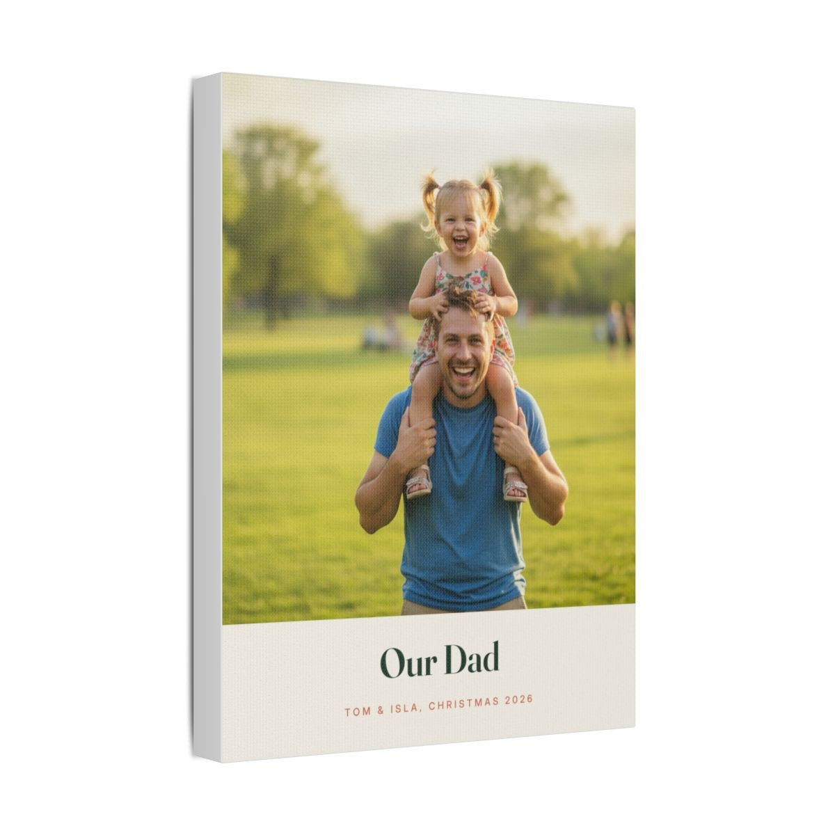 Personalised Dad photo canvas mock-up angled to show the stretched canvas edge and the 'Our Dad' caption