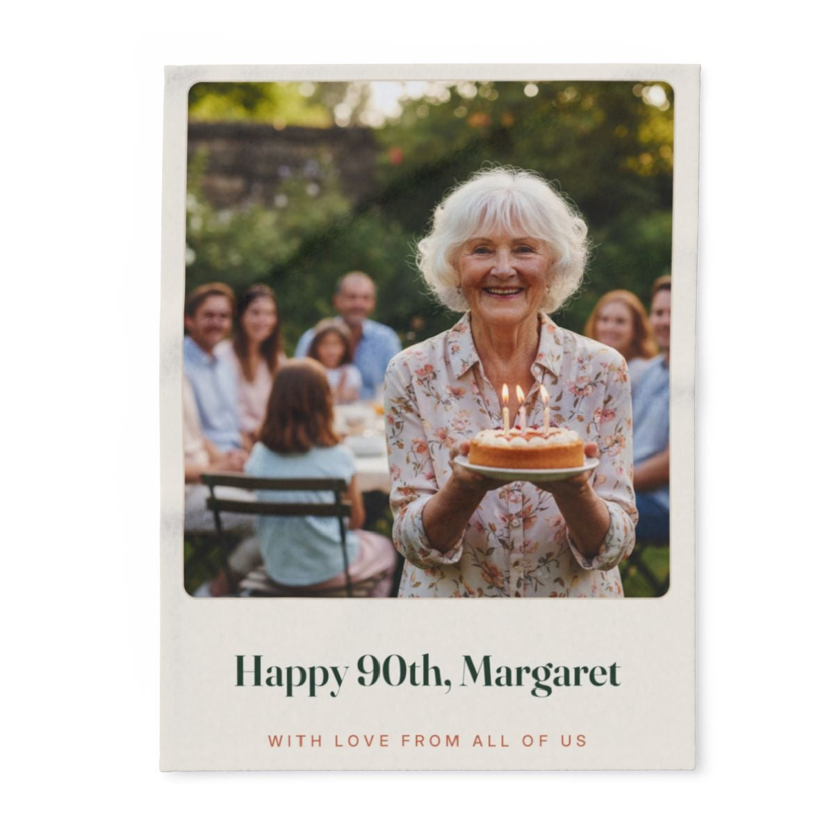 Personalised birthday photo fleece blanket mock-up laid flat, a woman with a cake in the sample photo, 'Happy 90th, Margaret'