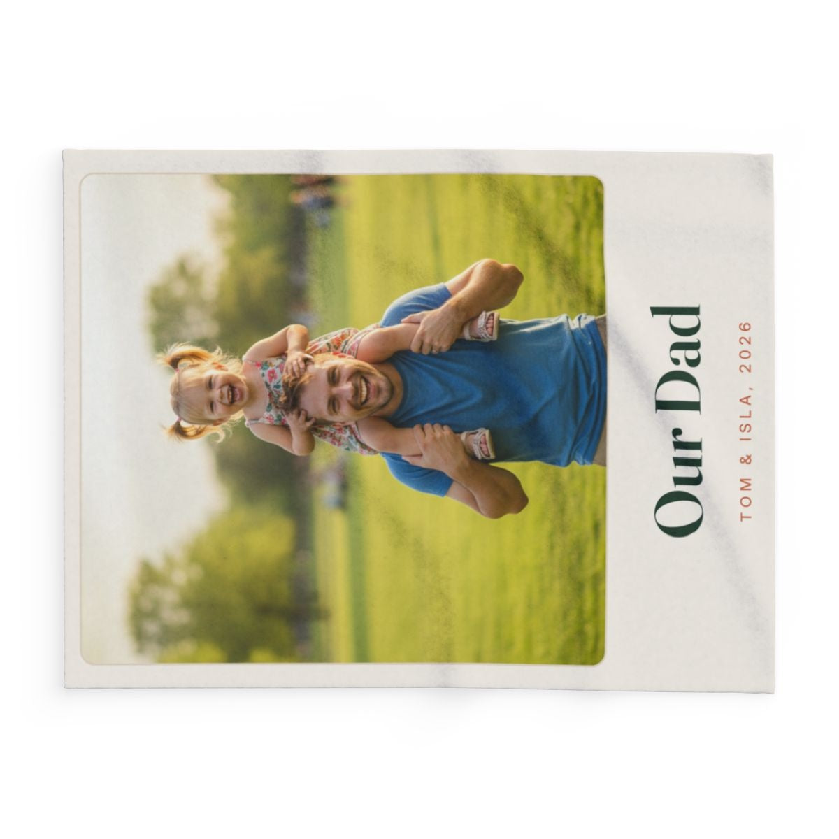 Personalised Dad photo fleece blanket mock-up laid flat sideways, with 'Our Dad' running along the right edge