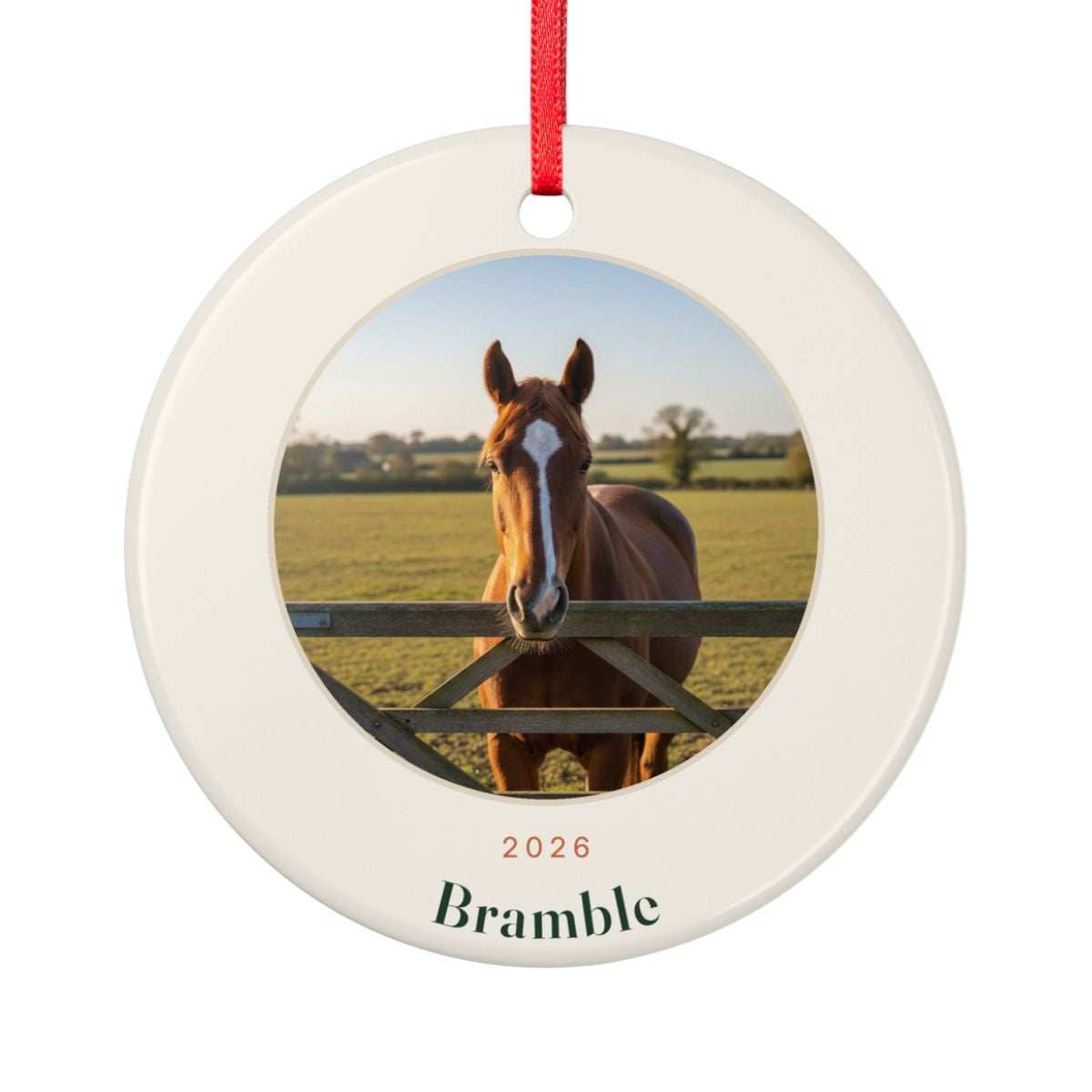 Personalised horse photo ceramic ornament mock-up, sample photo showing a chestnut horse at a gate, '2026' and 'Bramble'
