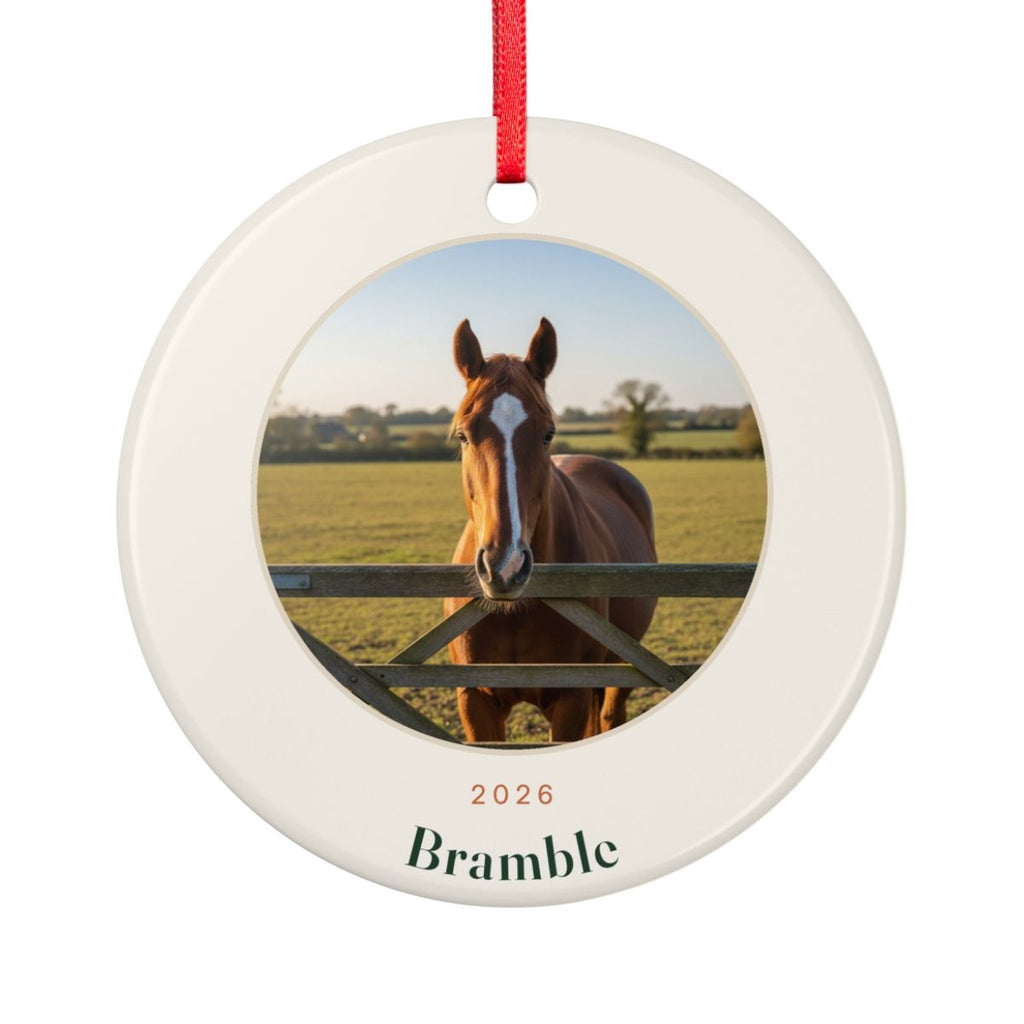 Horse photo ceramic ornament mock-up seen from the other side, with the same sample photo of a chestnut horse at a gate, '2026' and 'Bramble'