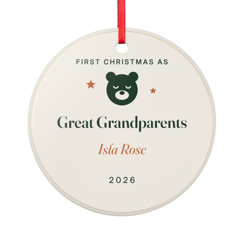 First Christmas as great grandparents ornament mock-up seen from the other side, with the same green bear, 'Great Grandparents', 'Isla Rose' and '2026'
