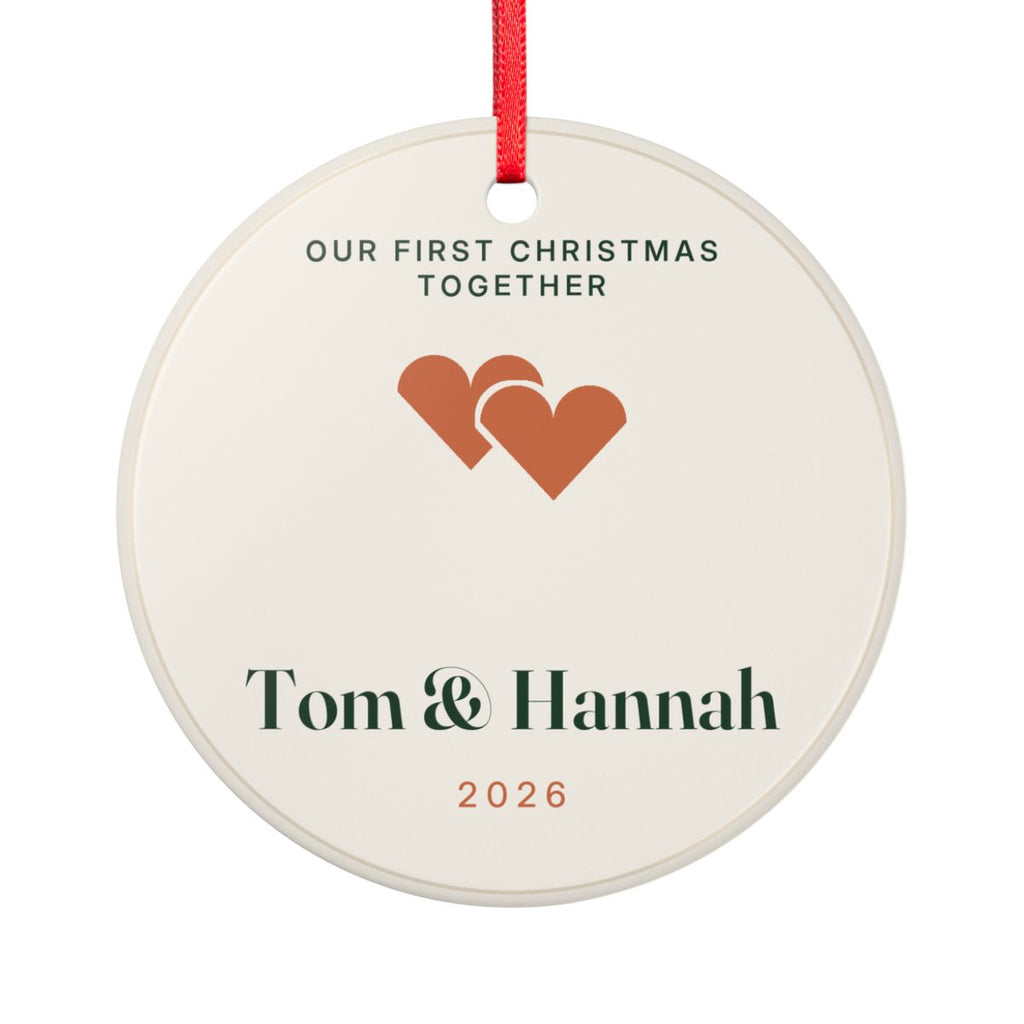 Our first Christmas together ornament mock-up seen from the other side, with the same two hearts, 'Tom & Hannah' and '2026'