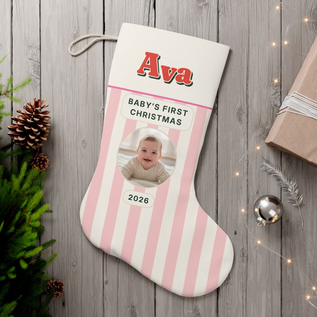 Personalised Baby's First Christmas Photo Stocking, Kept by You, personalised and printed in the UK (view 2)