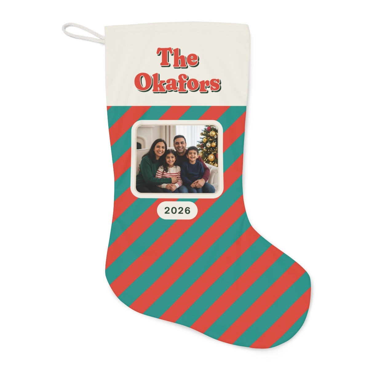 Personalised Family Photo Christmas Stocking with Surname, Kept by You, personalised and printed in the UK