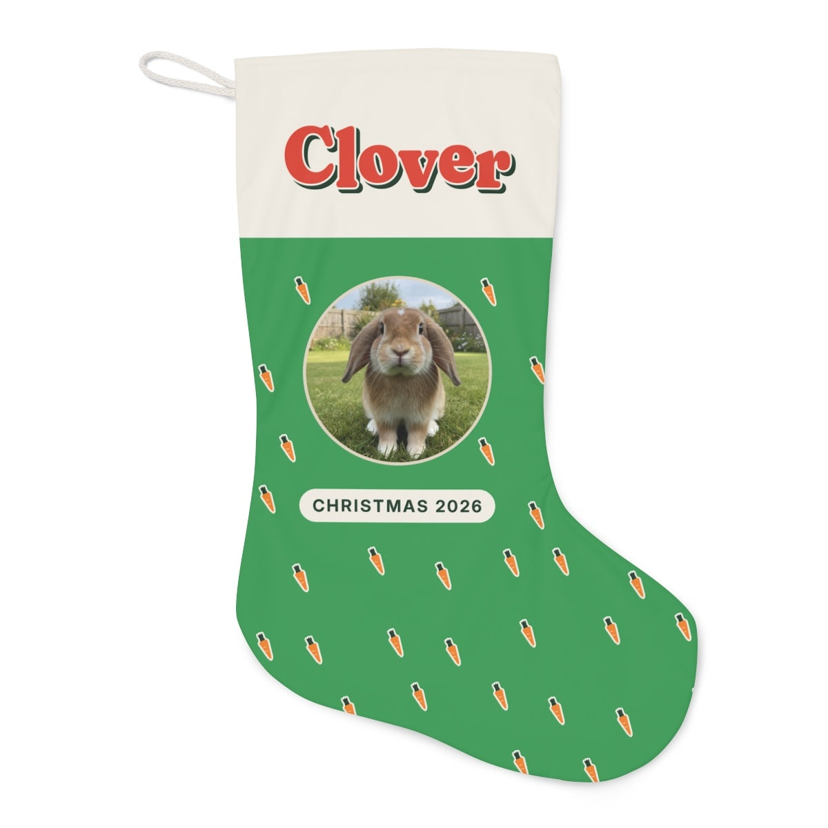 Personalised Rabbit Photo Christmas Stocking with Name, Kept by You, personalised and printed in the UK