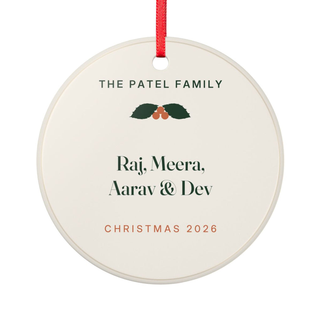 Family ceramic Christmas ornament mock-up with a red ribbon, holly, 'The Patel Family' and four sample names