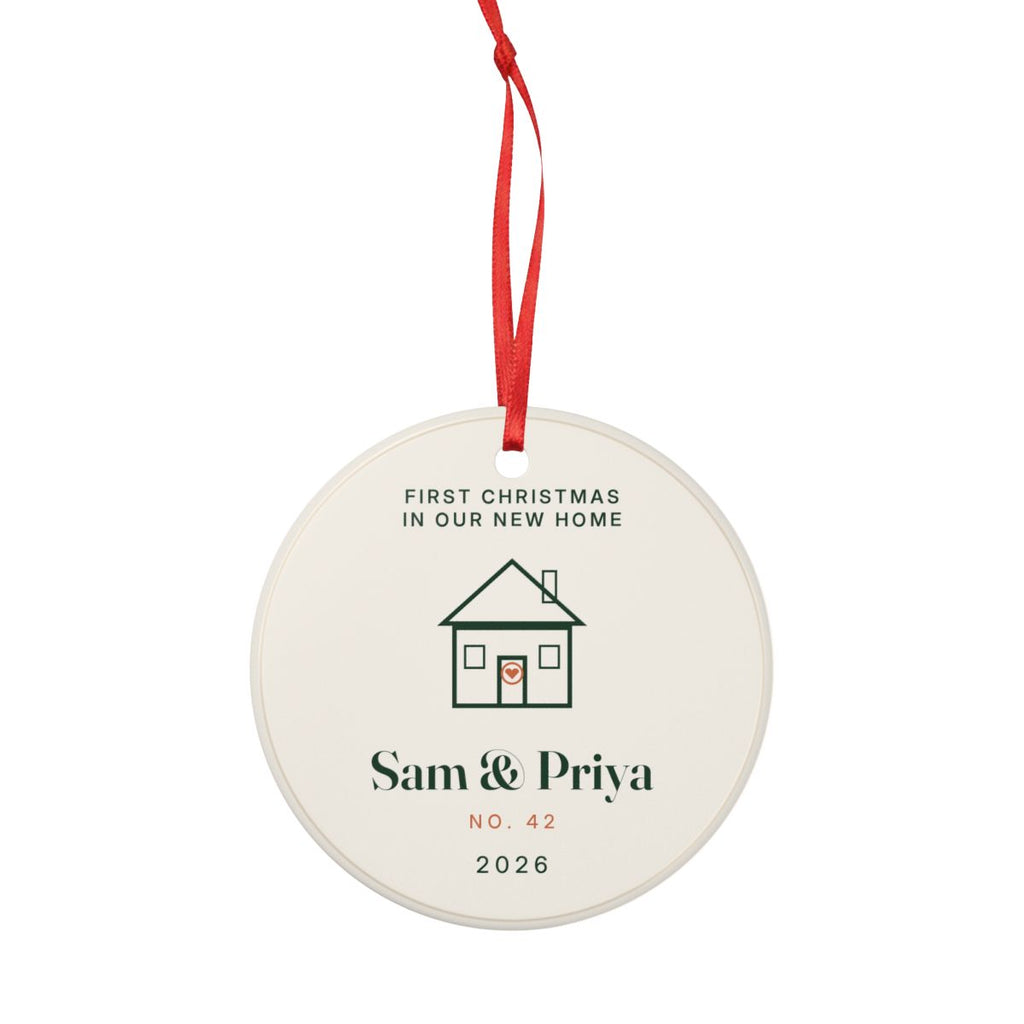 Personalised first Christmas in our new home ornament mock-up hanging on its red ribbon with the house drawing