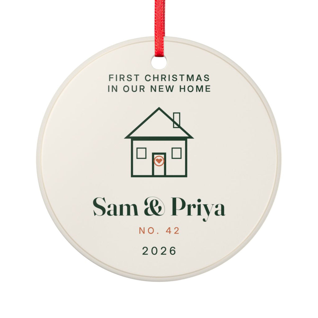 Personalised first Christmas in our new home ornament mock-up with a line-drawn house, 'Sam & Priya' and 'No. 42'