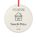 Personalised first Christmas in our new home ornament mock-up with a line-drawn house, 'Sam & Priya' and 'No. 42'