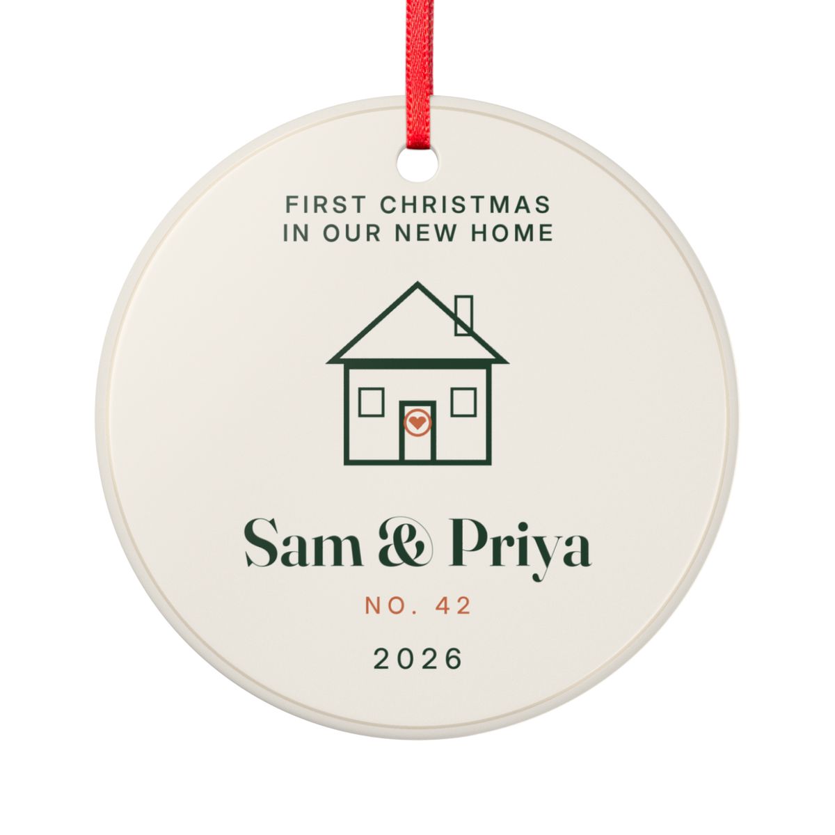 Personalised first Christmas in our new home ornament mock-up with a line-drawn house, 'Sam & Priya' and 'No. 42'