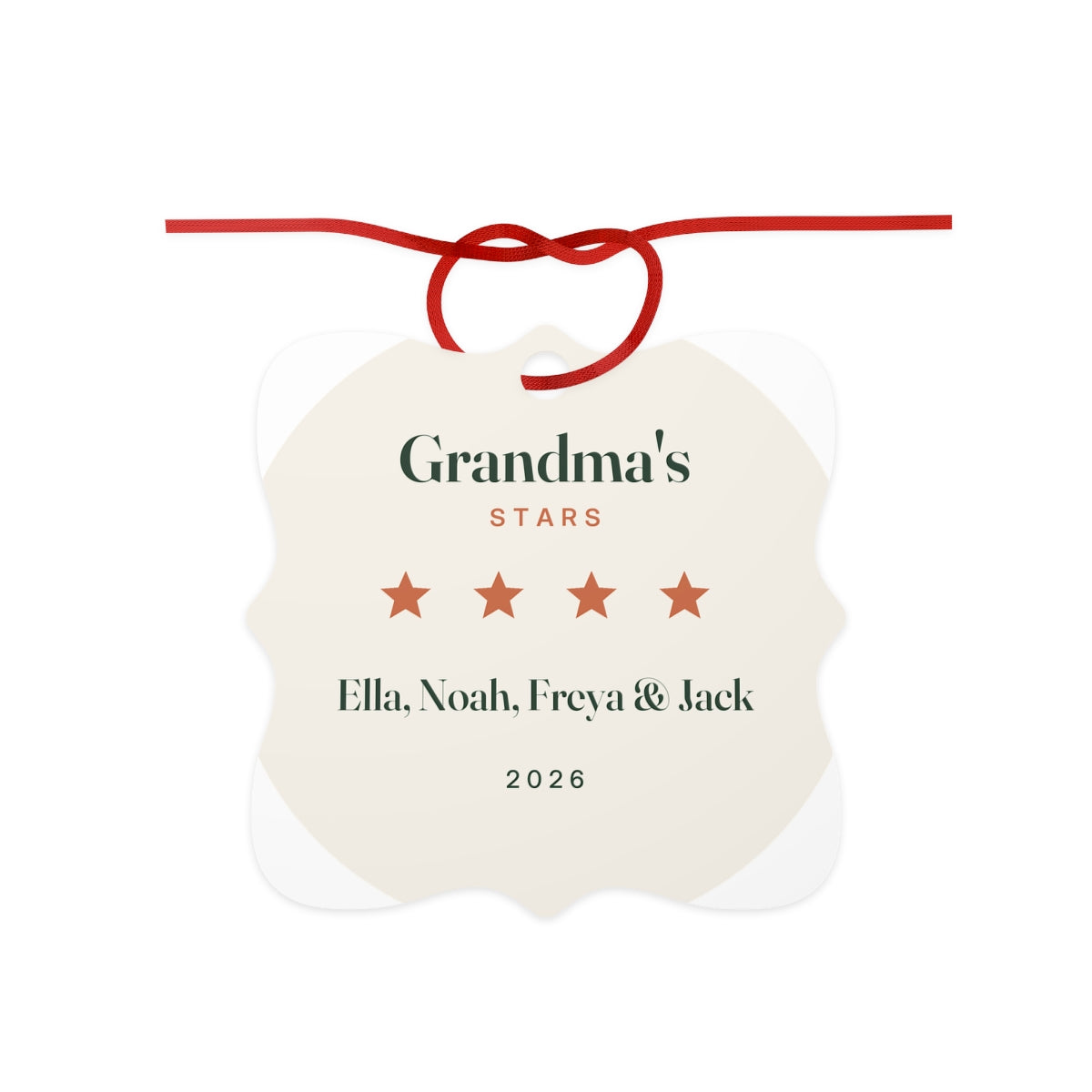 Grandma's Stars aluminium ornament mock-up with a red ribbon bow, four stars, 'Ella, Noah, Freya & Jack' and '2026'
