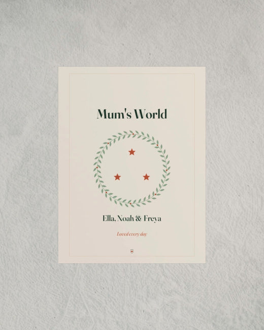 Mum's World print with the example names Ella, Noah and Freya