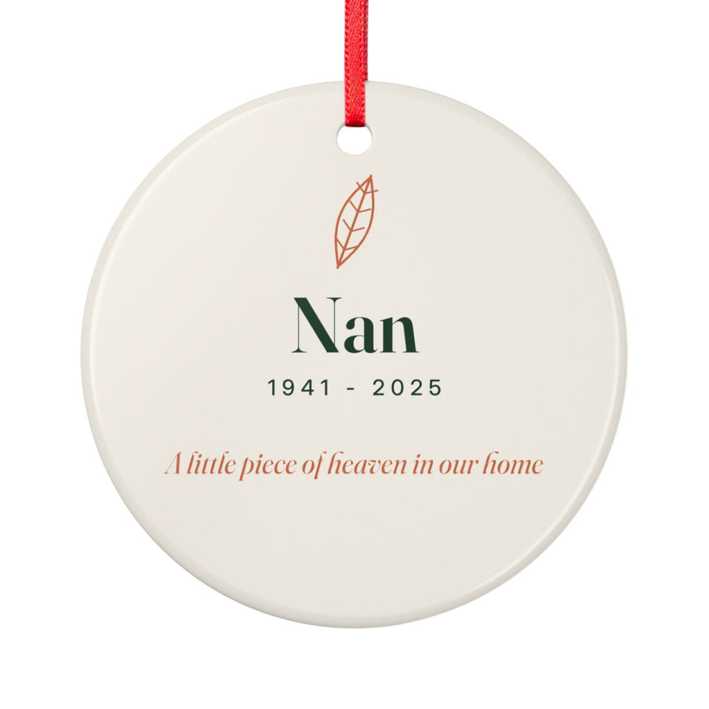 Personalised memorial ornament mock-up, cream ceramic ornament, 'Nan', '1941 - 2025' and 'A little piece of heaven in our home'