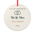 Personalised our first Christmas ornament mock-up, round cream ceramic with linked rings, 'Mr & Mrs' and 'Tom & Hannah'