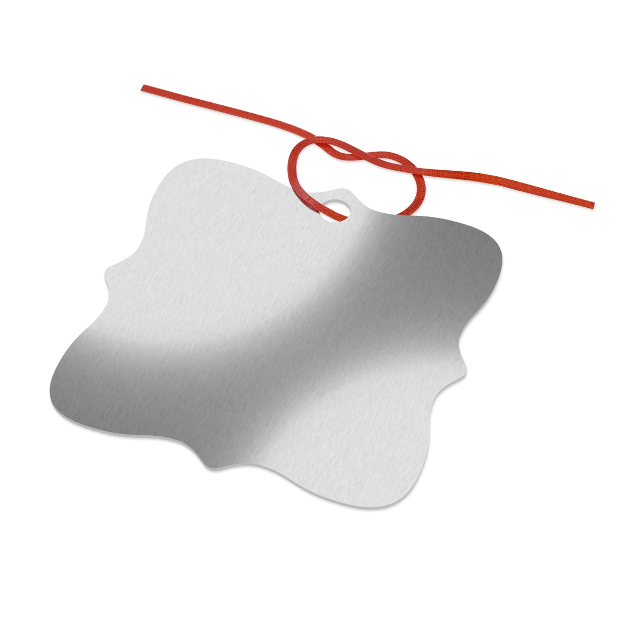 10th anniversary aluminium ornament turned over to show the plain brushed silver back and red ribbon