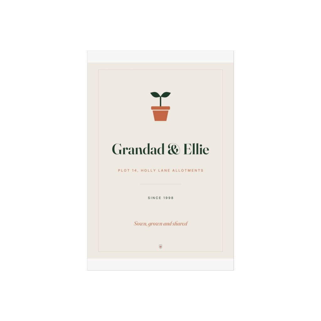 Allotment print mock-up on a taller sheet with white margins, seedling, 'Grandad & Ellie' and 'Sown, grown and shared'