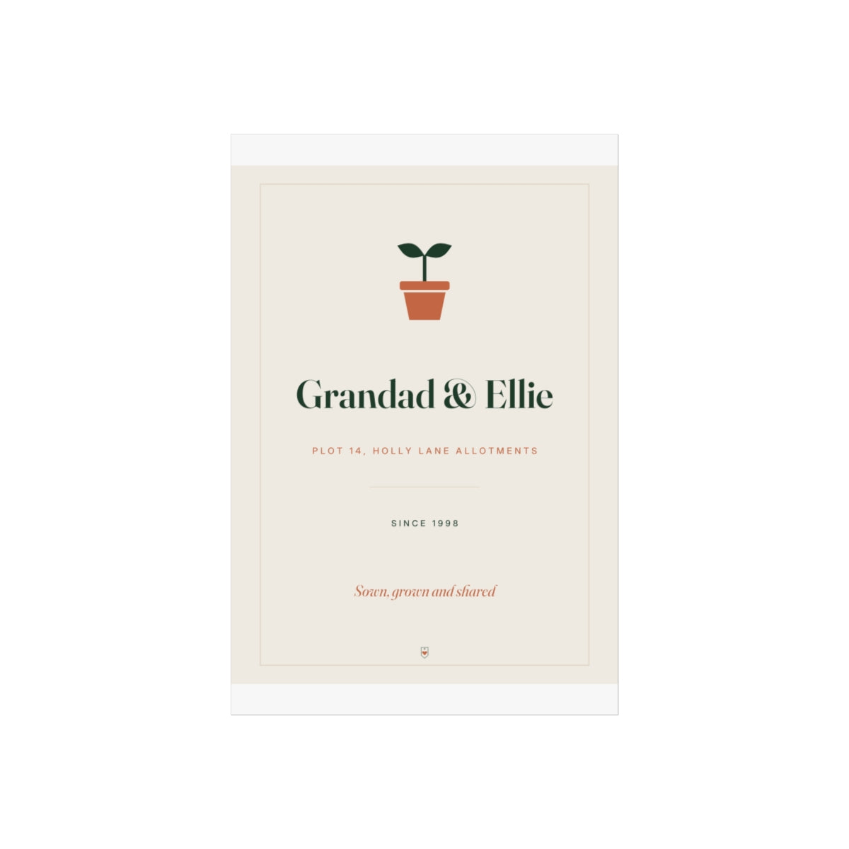 Allotment print mock-up on a taller sheet with white margins, seedling, 'Grandad & Ellie' and 'Sown, grown and shared'