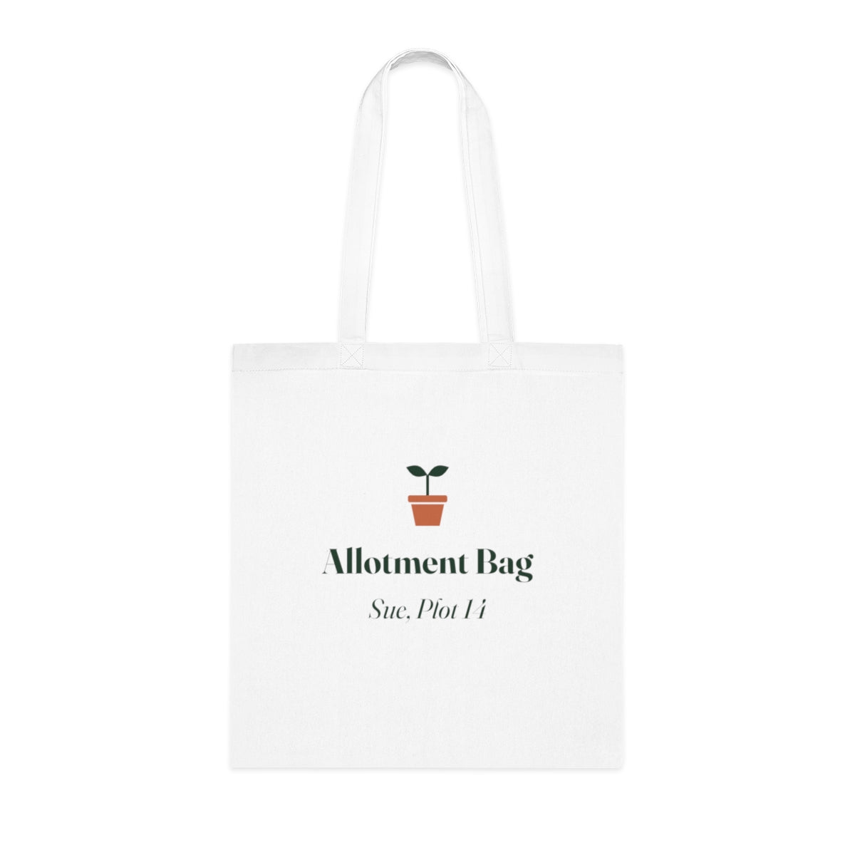 Personalised allotment tote bag mock-up, white cotton tote laid flat with a seedling, 'Allotment Bag' and 'Sue, Plot 14'