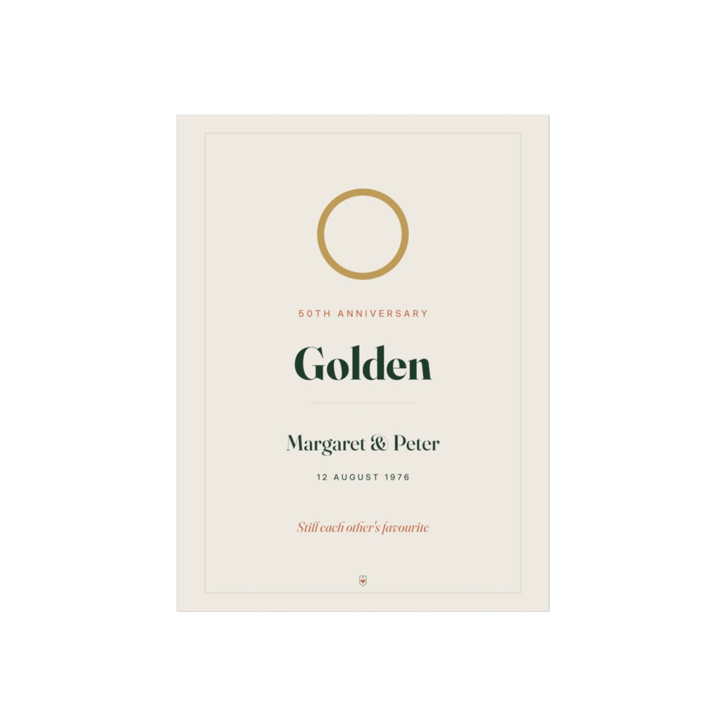 Anniversary print mock-up with a gold ring, '50th anniversary', 'Golden', 'Margaret & Peter' and '12 August 1976'